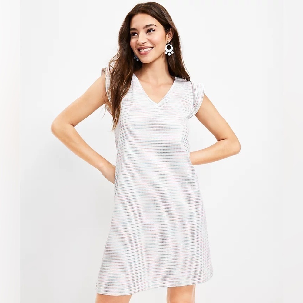 LOFT Dress Large Ruffle Sleeve V-Neck Swing Multicolor Preppy Twee Muticolor